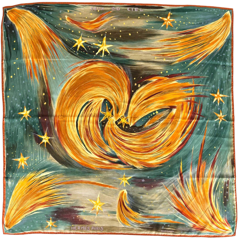 Hermès Silk Scarf in Teal and Gold Starburst Design